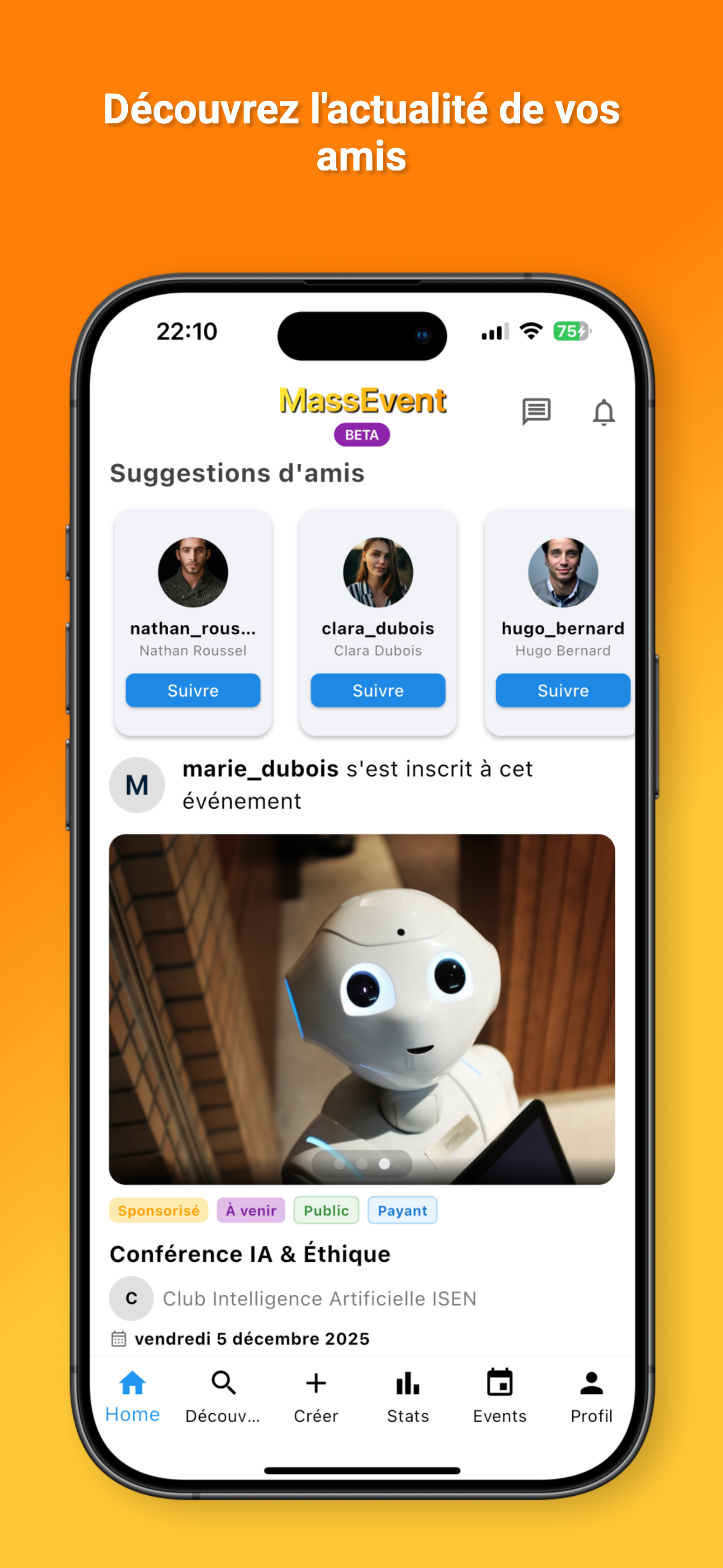 MassEvent - Écran d'accueil de l'application mobile